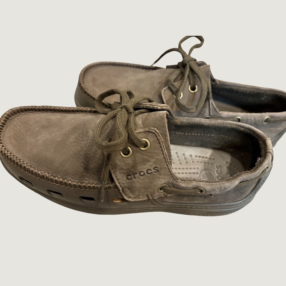 Crocs Harborline Mens 7 Boat Shoes Espresso Brown Leather Loafers Deck Shoes